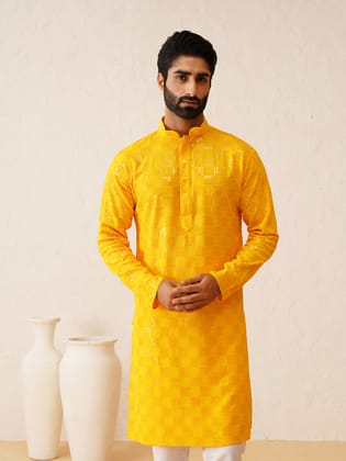 Men's Cotton Embroidered Sequinned Mustard Kurta-44
