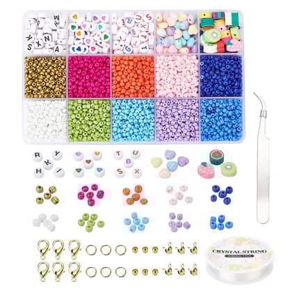 10 Pcs, DIY Jewelry Making Kit, Acrylic Beads, Bead Tips, Elastic Thread,Tweezers, Alloy Clasps, Brass Jump Rings & Crimp Beads