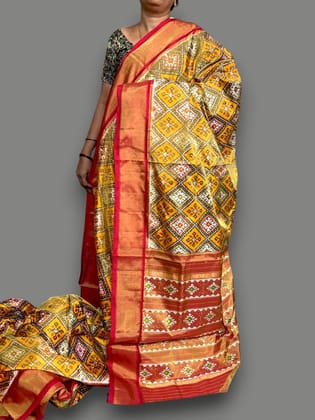 Pure Pochampally Ikkat Tissue Silk Yellow Red Saree