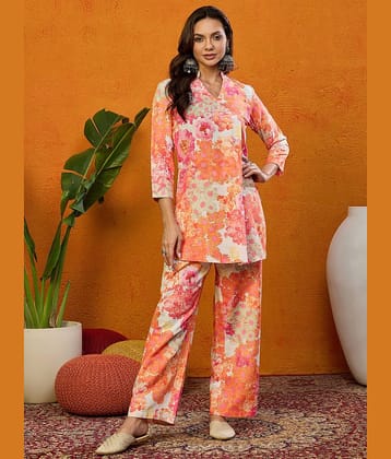 Vaamsi Women Printed Tunic With Trousers Co-Ord Set ( Orange )