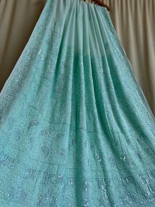 Viscose Green Chikankari saree with Pearl embellishments-Green