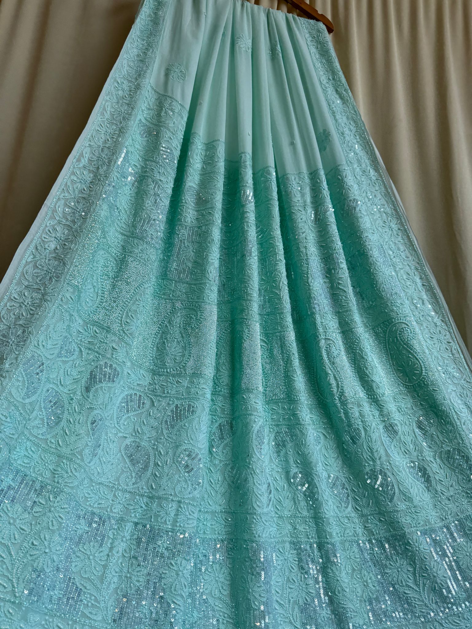 Viscose Green Chikankari saree with Pearl embellishments-Green