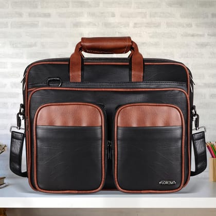 LOREM Tan & Black Color Faux Leather 28L Laptop Messenger Bag For Men BG96