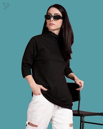 High Neck - Longline Top - Black-S / Black
