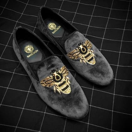 Customised Honey Bee Zardosi Grey Velvet Slip-On by Brune & Bareskin-40/6