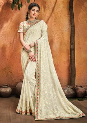 Off White Designer Embroidered Silk Saree