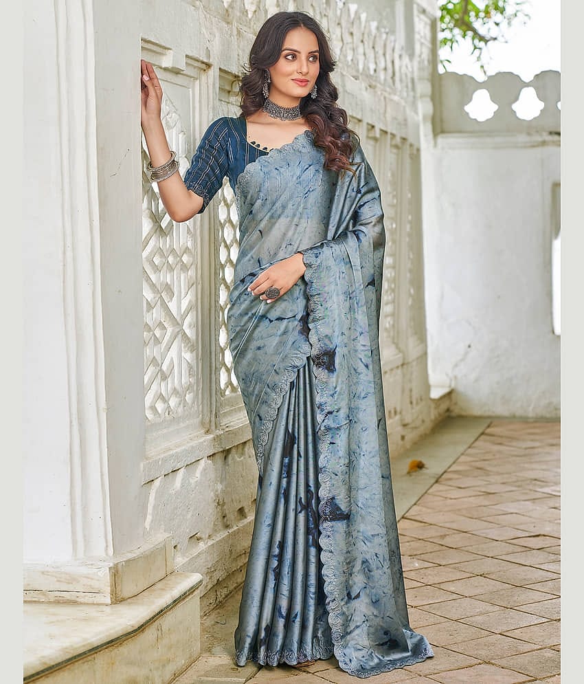 Samah Georgette Printed Saree With Unstitched Blouse Piece ( Olive )