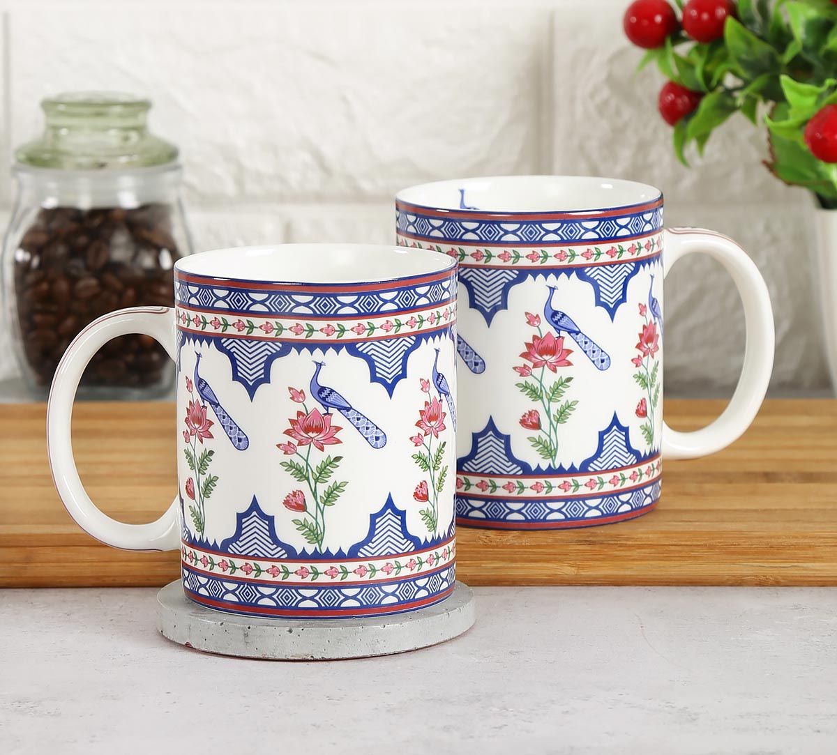 India Circus Chevron Perching Peacock Coffee Mug Set Of 2