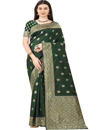 NENCY FASHION Banarasi Silk Embellished Saree With Unstitched Blouse Piece ( Green )