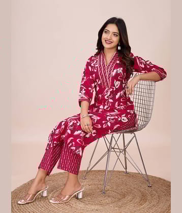Women Basket Cotton Blend Printed Kurti With Pants Women's Stitched Salwar Suit - Pink ( Pack of 1 )