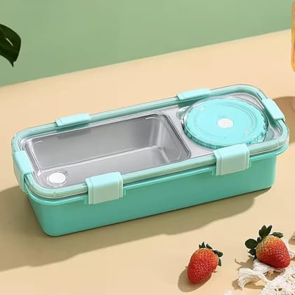 600ml 2 Compartment Stainless Steel Lunch Box with Cutlery and 150ml Cup-Green