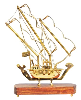 Brass Table Decor Showpiece Ship With Wooden Base - 8.3*2.5*12 inch (MR128 A)