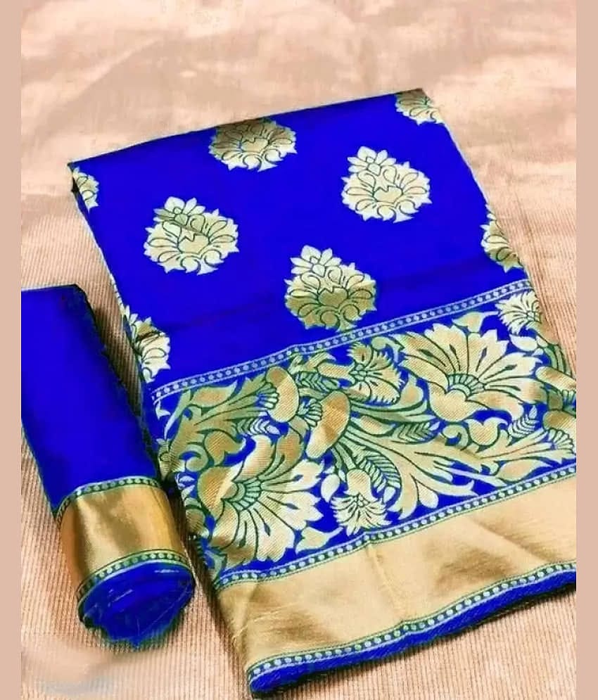 NENCY FASHIONS Kanjivaram Silk Woven Saree With Unstitched Blouse Piece ( Blue )
