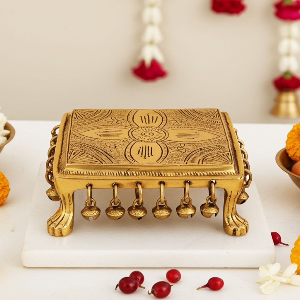Brass Chowki for God Idol - Traditional Puja Chowki, Length : 6.5 Inch (BSMAS1377 D)
