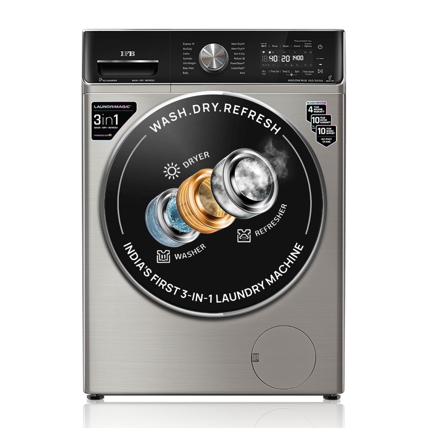 IFB 10 Kg/7 Kg/3 Kg 3-in-1, AI Powered, Fully Automatic Washer Dryer Refresher (IFB Laundrimagic, EXECUTIVE PLUS ZXV, 9 Swirl Wash, Eco Inverter Technology, SUS VCM) IFB 10 Kg/7 Kg/3 Kg 3-in-1, AI Powered, Fully Automatic Washer Dryer Refresher (IFB Laun