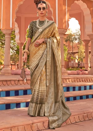 Golden Olive Woven Banarasi Soft Silk Saree With Digital Print