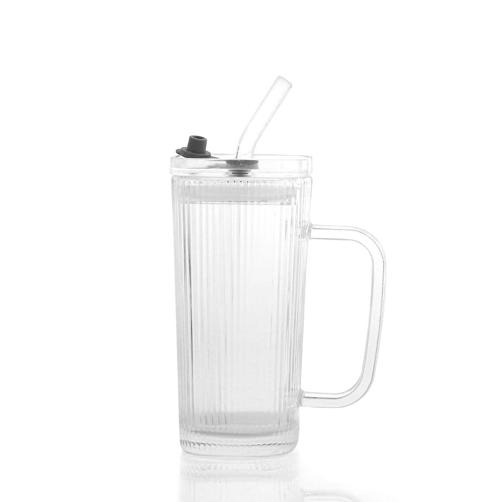 Glass Drinking Tumbler with Lid & Straw, 250 ML, Set of 1, Transparent Square Cup with Handle, Sipper for Juice, Water, Smoothies, Cocktail, Mocktail and Variety of Drinks, Ideal for Man/Women