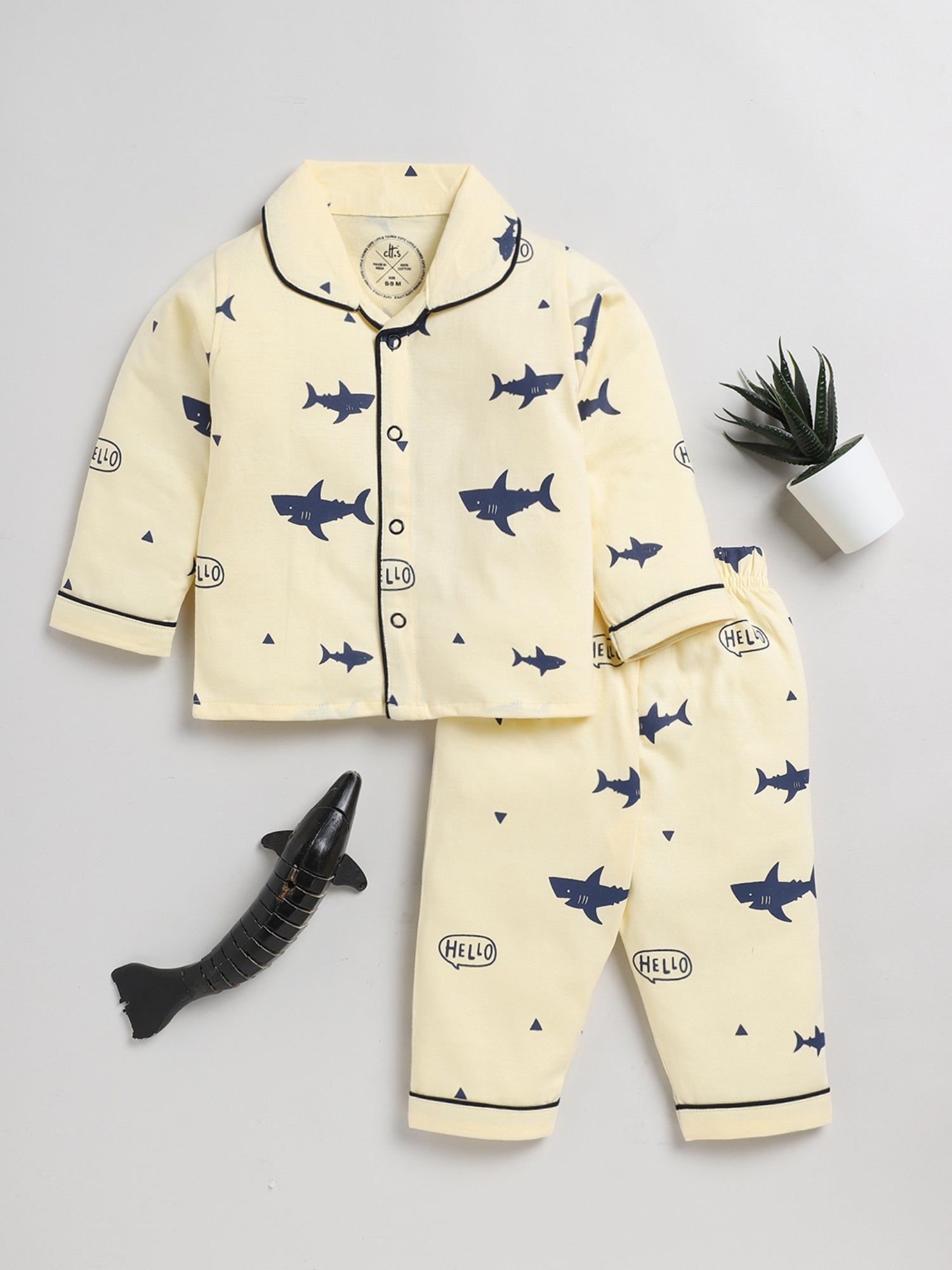 Baby Shark Yellow Full Sleeve Nightwear Set-5-6 y