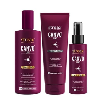 Streax Professional Canvoline Complete Hair Care Combo for Straightening Hair (Streax Canvoline Shampoo 300ml + Conditioner 240ml + Serum 100ml) Pack Of 3 Streax Professional Canvoline Complete Hair Care Combo for Straightening Hair (Streax Canvoline Sha