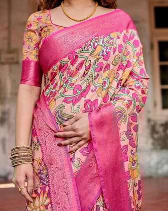 Peach and Fuchsia Floral Digital Print Tussar Silk Saree with Zari Border and Paisley Pallu-Regular