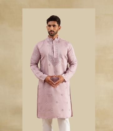 Men's Cotton Silk Neck Embroidered Lavender Kurta with White Pyjama-36