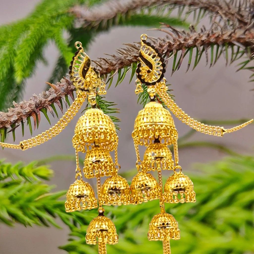 Attractive Sister Multi-Layer Gold Plated Jhumka Earrings with Hair Chain – Royal Bridal Jewelry