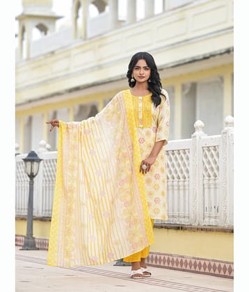 Juniper Cotton Printed Kurti With Pants Women's Stitched Salwar Suit - Yellow ( Pack of 3 )