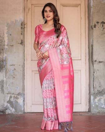 Exquisite Pink and Silver Banarasi Silk Floral Saree with Tassels-Regular