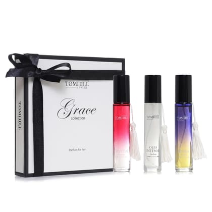 TOMHILL Grace Collection for Her – Set of 3 Luxury Perfumes: Crystal, Oud Intense, and Floral – Elegant Gift Box for Women’s Fragrance Lovers, Ideal for Special Occasions