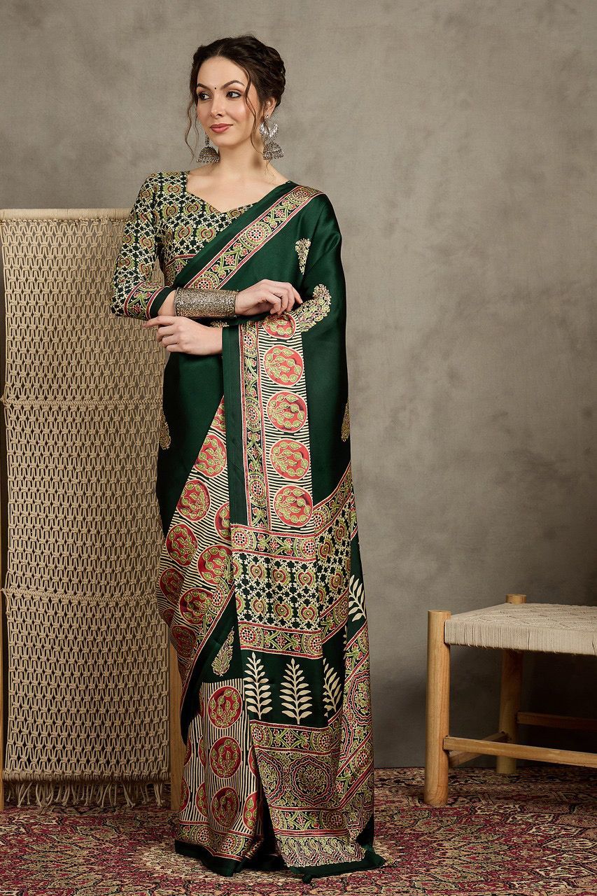 Green And Maroon Crepe Block Print Sarees