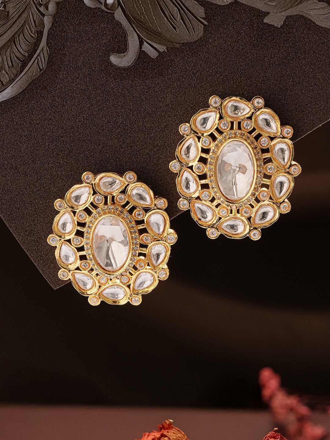 Gold Plated Uncut Polki Mossanite Studded Floral Designer Studds Earrings