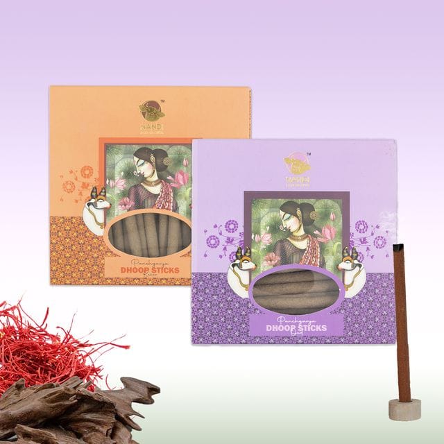 Nandi Panchgavya 100 Percent Cow Dung Dhoop Sticks for Pooja with Stand (Kesar & Oud Fragrance-100 Sticks)