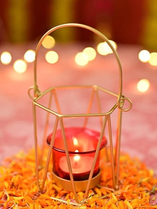 VON CASA Red & Golden T-Light Holder