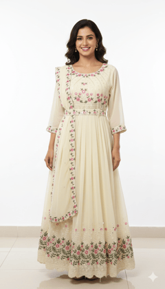 99ladies Store Cream Floral Embroidered Three Fourth Sleeve Anarkali Style Long Dress with Attached Dupatta for Women 99ladies Store Cream Floral Embroidered Three Fourth Sleeve Anarkali Style Long Dress with Attached Dupatta for Women