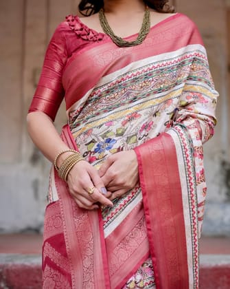 Red and Multicolor Digital Print Banarasi Silk Saree with Zari Weave and Tassel-Adorned Pallu-Regular
