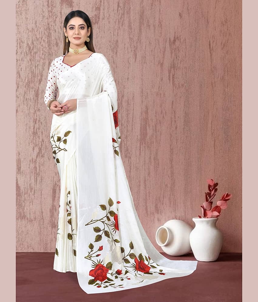SARIK  FASHION Chiffon Printed Saree With Unstitched Blouse Piece ( White )