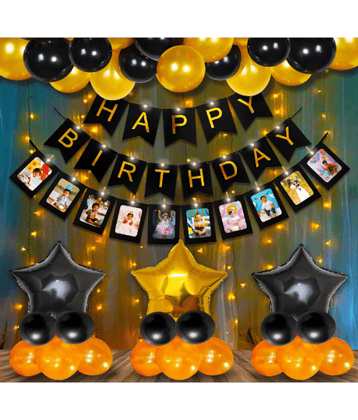 Jolly Party  Happy Birthday Decoration Kit Combo Foil Curtain 47pcs Set - 1pc black happy birthday banner, 2pcs golden foil curtain, 3pcs star foil balloons, 1pc photo banner, 40pcs golden black metallic balloons and 1pc glue dot .