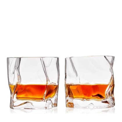 Designer Crumple Paper Twisted Crystal Clear Whiskey Glasses 290 ML Bar Glass for Drinking Bourbon, Whisky, Scotch, Cocktails Transparent (Pack of 2)
