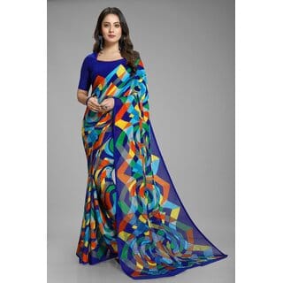 Multicolour Pure Georgette Printed Saree With Blouse Piece
