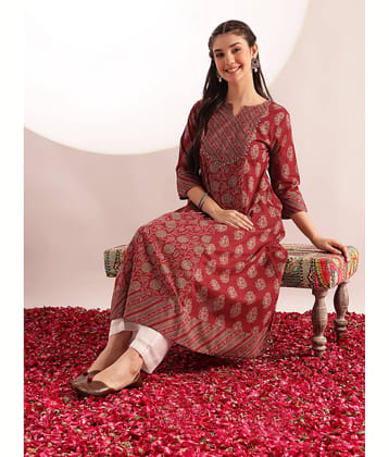 Vbuyz Women Cotton Embellished Flared Kurti ( Maroon )