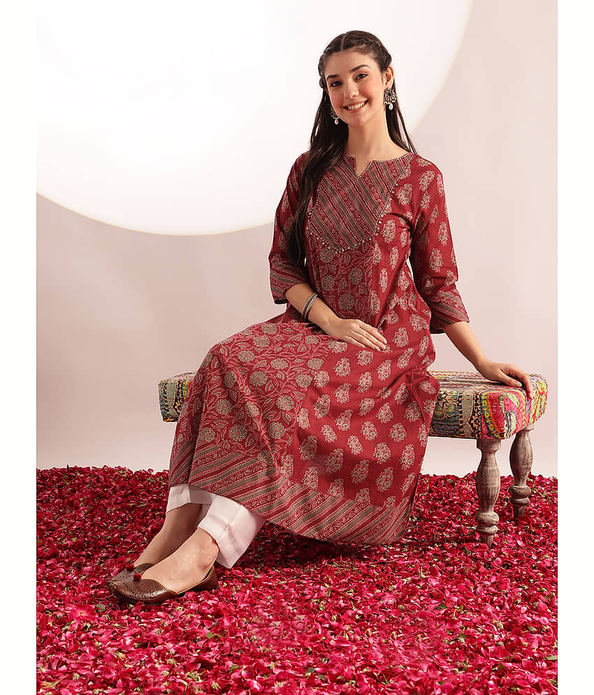 Vbuyz Women Cotton Embellished Flared Kurti ( Maroon )