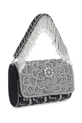 Black Suede Cutdana Work Flap Bag