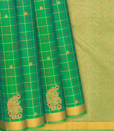 Green Handloom Kanchipuram Silk Saree With Floral Buttas & Checks-Green-Green