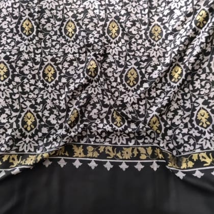 Black Pashmina Kani Shawl with Golden Zari – Handwoven Kashmiri Elegance for Weddings & Partywear | Heritage Design Inc