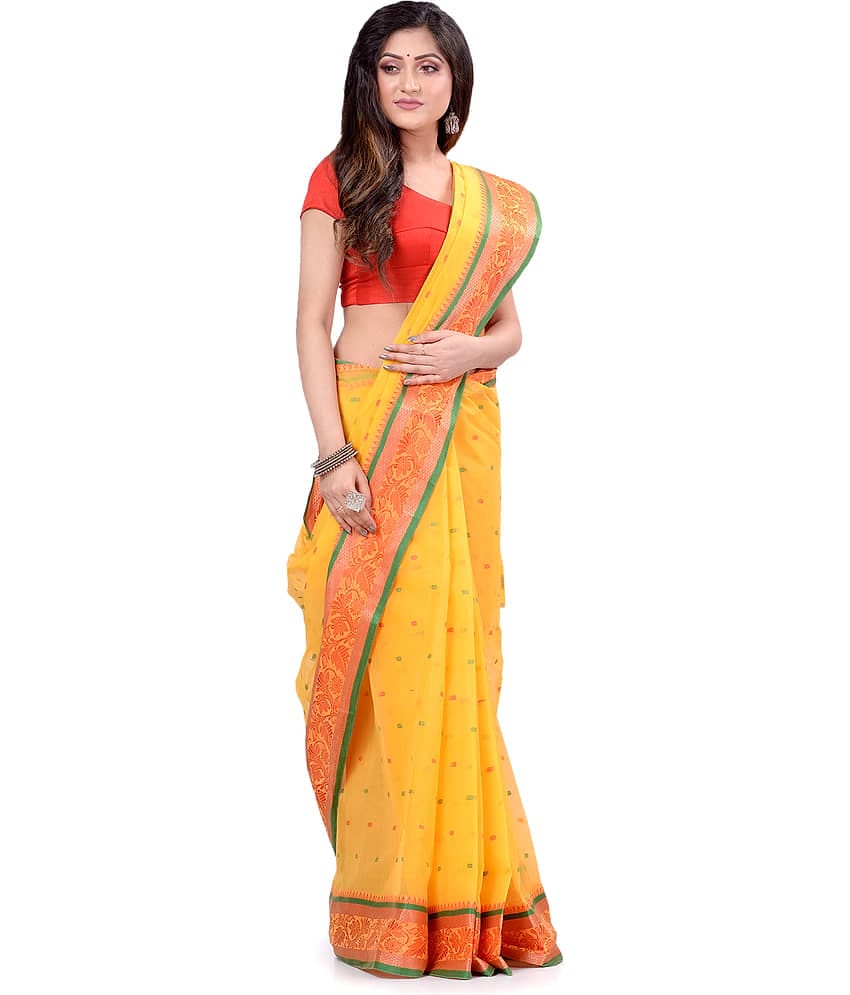 Desh Bidesh Cotton Printed Saree Without Blouse Piece ( Yellow )
