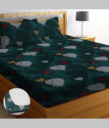 YKNIP Cotton Geometric Fitted 1 Bedsheet with 2 Pillow Covers ( King Size ) - Green