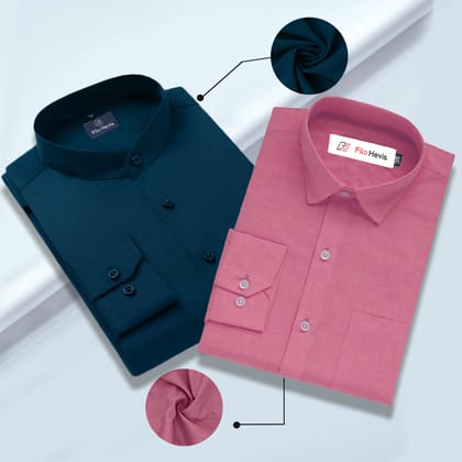 Cotton Linen Mandarin Collar Teal Blue & Filafil Spread Collar Pink - Classic Shirt Combo (Set of 2)-M