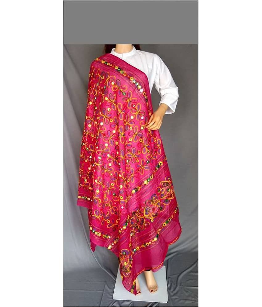 Raj Pink Cotton Kutch Embroidered Dupatta