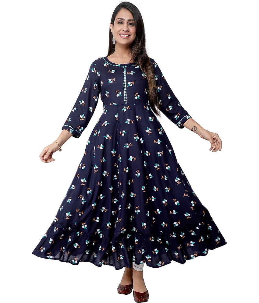 Kundan Women Rayon Printed A-line Kurti ( Navy Blue )