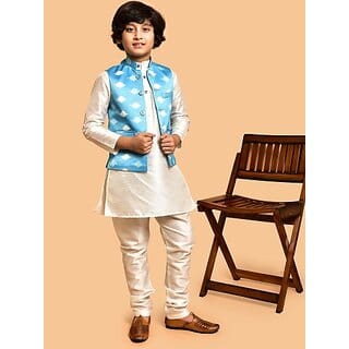PrintCultr Boys Festive & Party Kurta, Waistcoat and Pyjama Set (White)